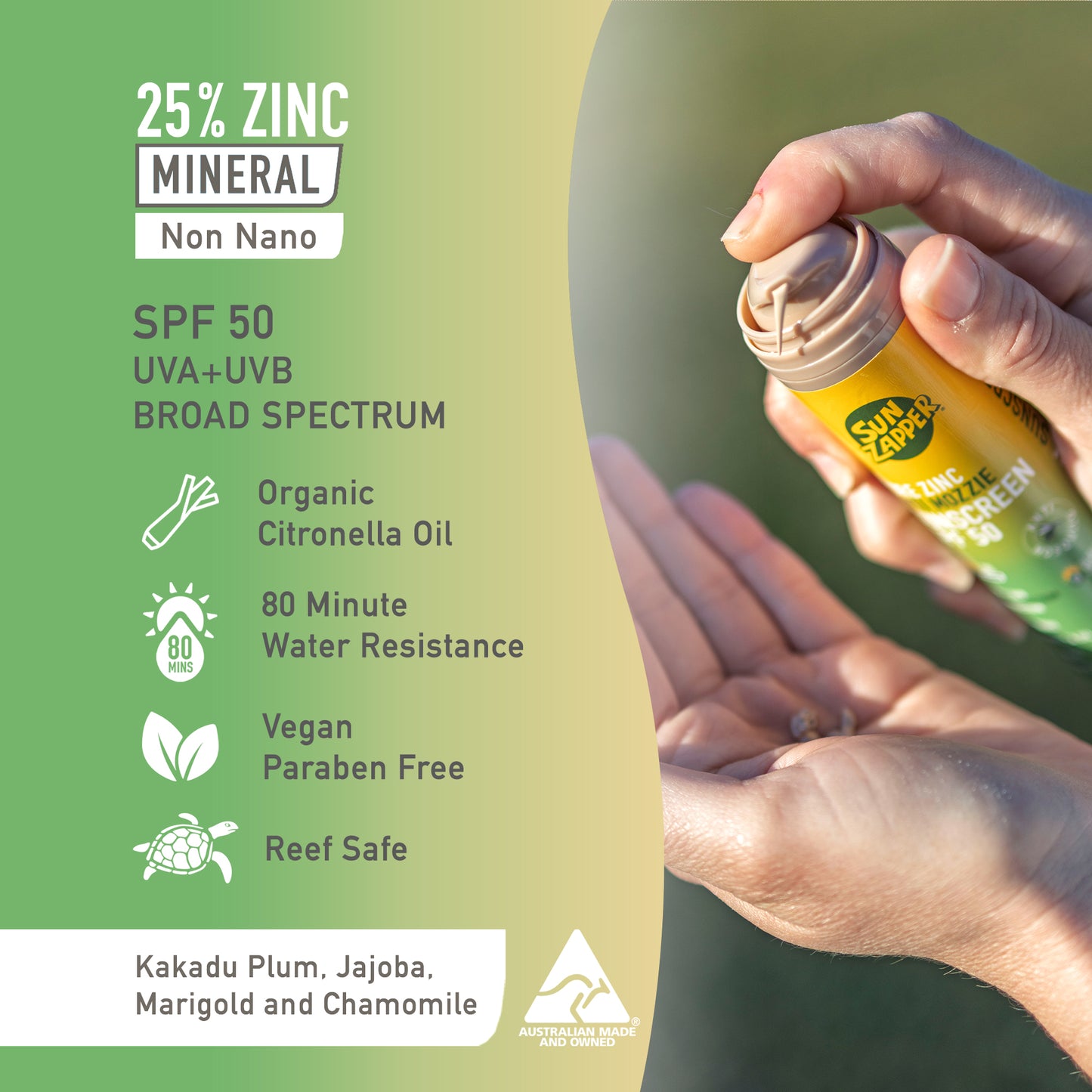 Sun Zapper mosquito repellent sunscreen SPF 50 with natural citronella, vegan, reef safe, tinted cream in pump bottle. insect and mosquito repellent sun cream