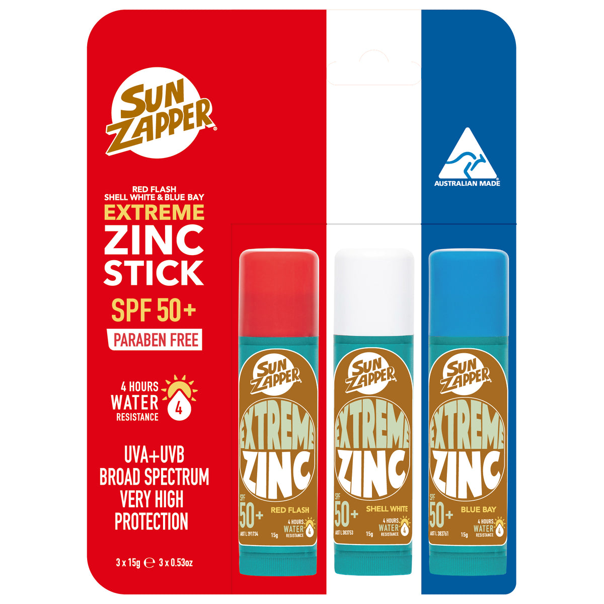 Extreme Zinc Stick 3 Pack SPF 50+ | Red Flash, Shell White & Blue Bay