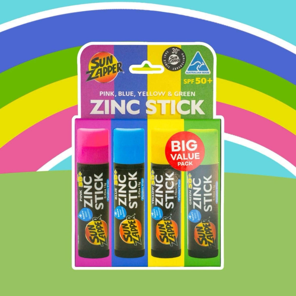 Packaging of Sun Zapper zinc sticks with a colorful rainbow background