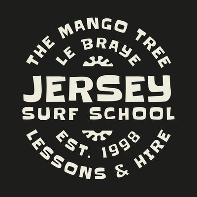 Jersey Surf School logo with text on a black background