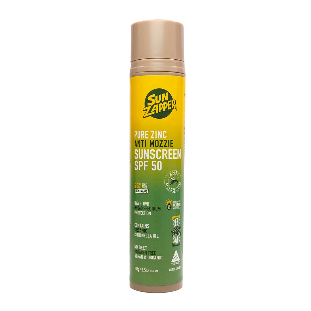 Sun Zapper mosquito repellent sunscreen SPF 50 with natural citronella, vegan, reef safe, tinted cream in pump bottle. insect and mosquito repellent sun cream