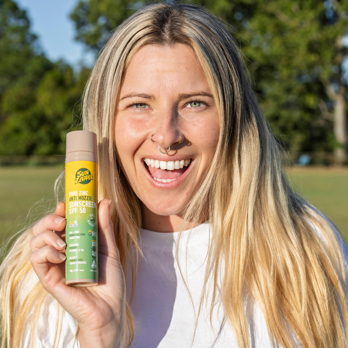 Sun Zapper mosquito repellent sunscreen SPF 50 with natural citronella, vegan, reef safe, tinted cream in pump bottle. insect and mosquito repellent sun cream