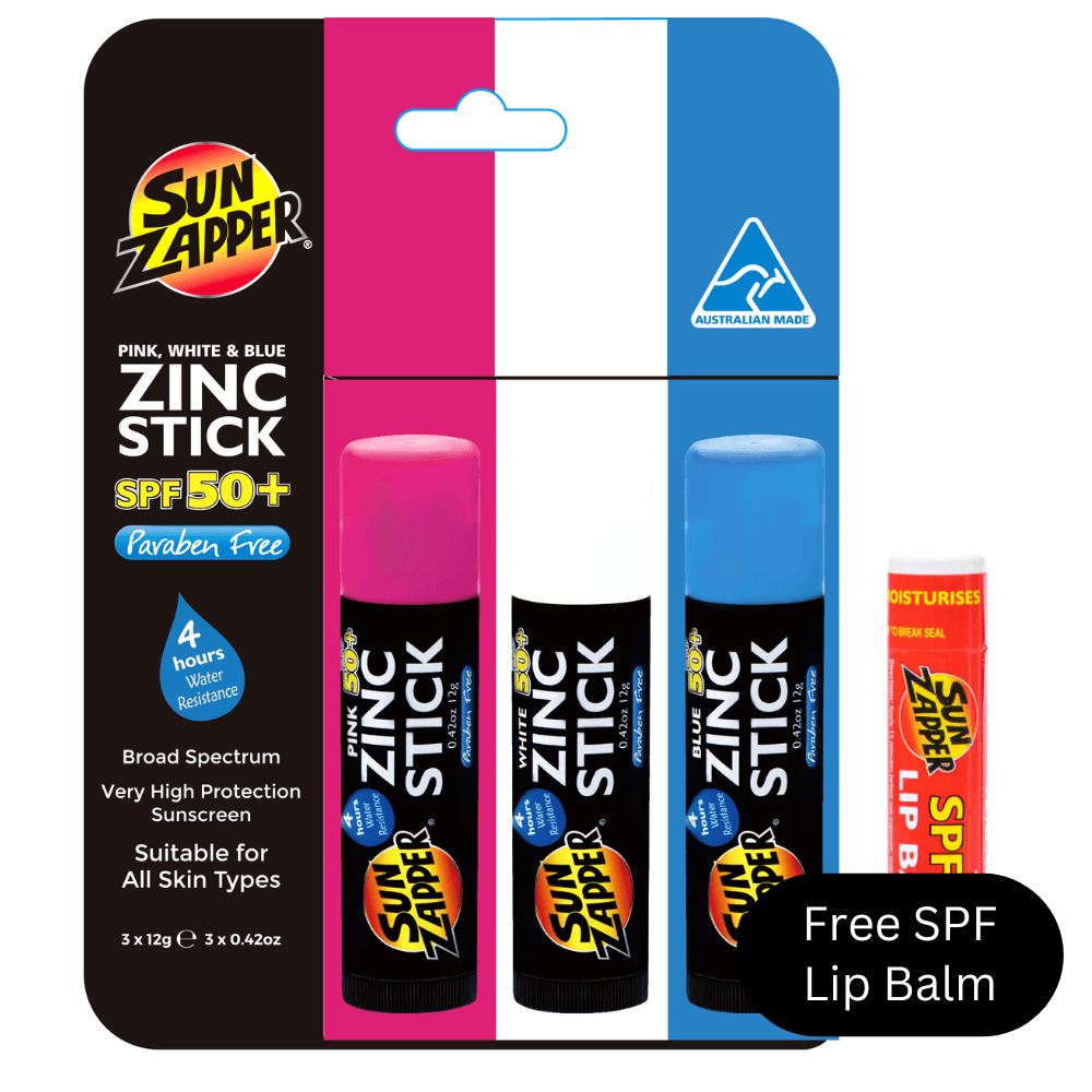 Sun Zapper Zinc Stick Triple Pack: Pink, White & Blue Colour Zinc Sunscreen Sticks - Sun Zapper UK