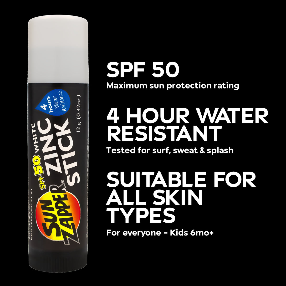 sun zapper white zinc stick spf 50+ sun stick