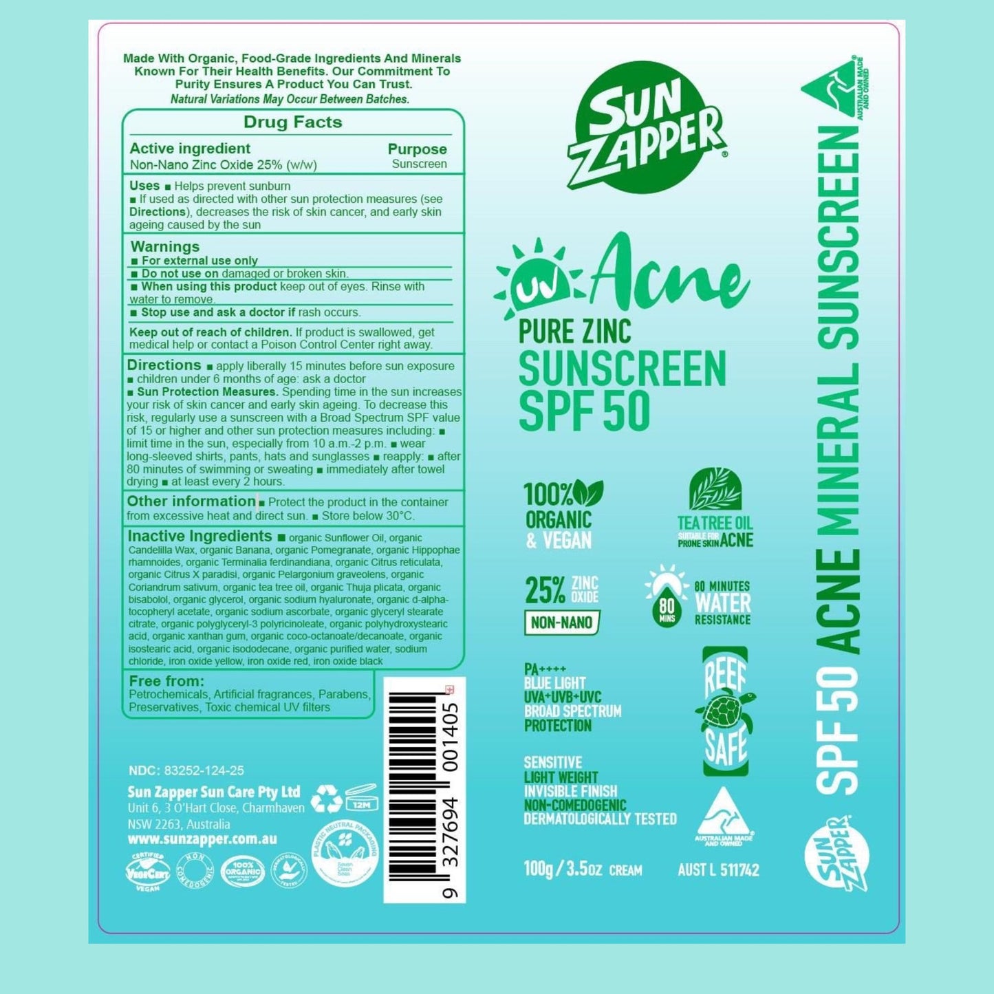 Sun Zapper Acne Pure Zinc Sunscreen SPF 50 label on a light blue background