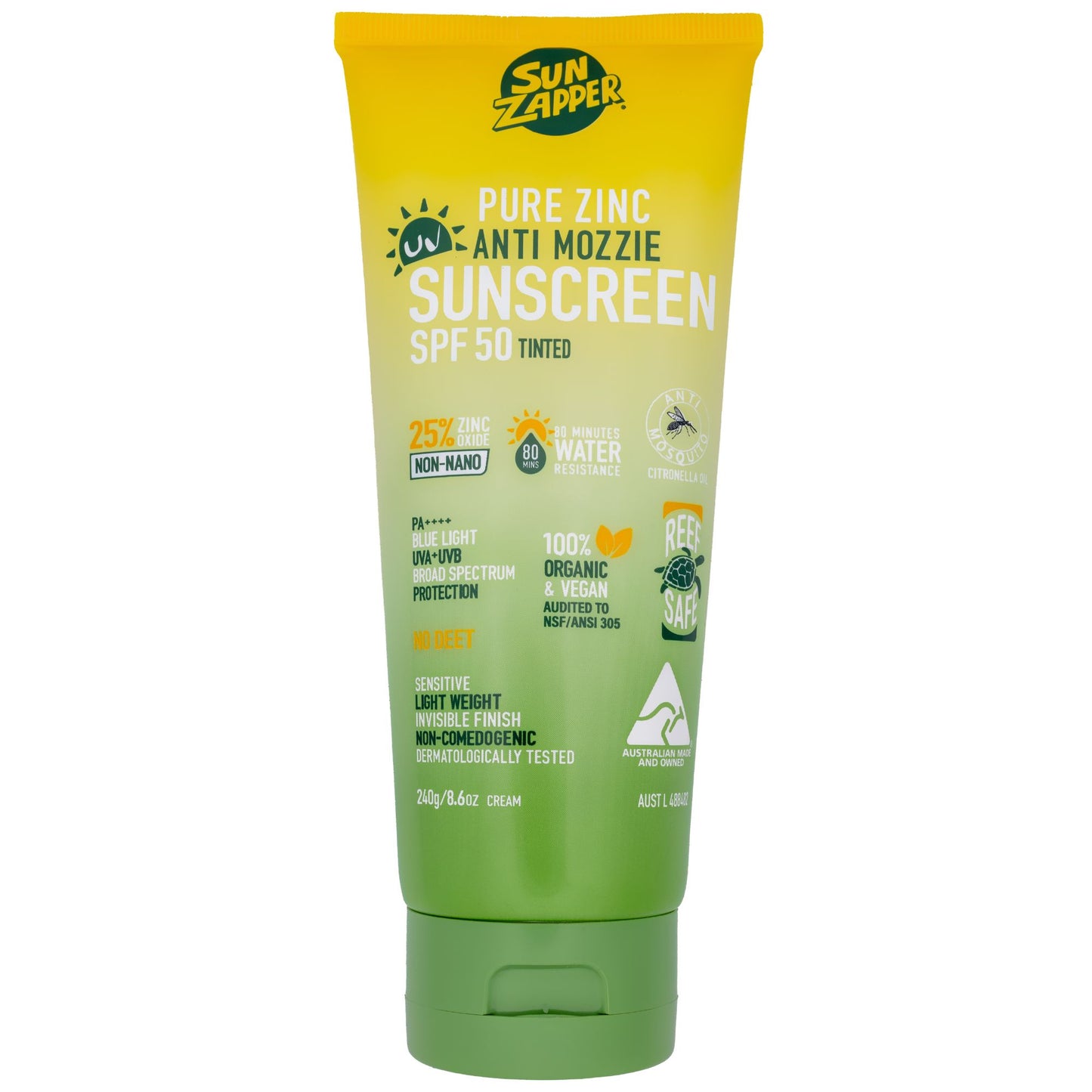 Pure Zinc Mosquito Repellent Sun Cream |Tinted Natural Zinc Sunscreen with Citronella - SPF 50