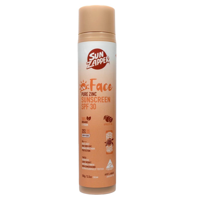 Sun Zapper Face Pure Zinc mineral face Sunscreen SPF 30 bottle on a white background