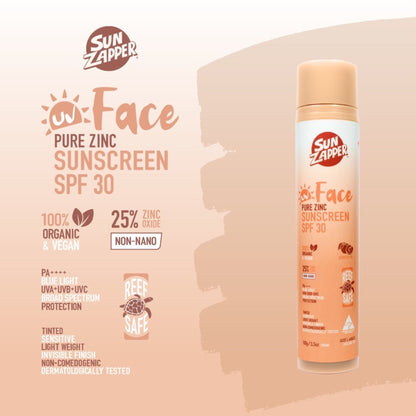 Sun Zapper Face Pure Zinc Sunscreen SPF 30 bottle on a beige background