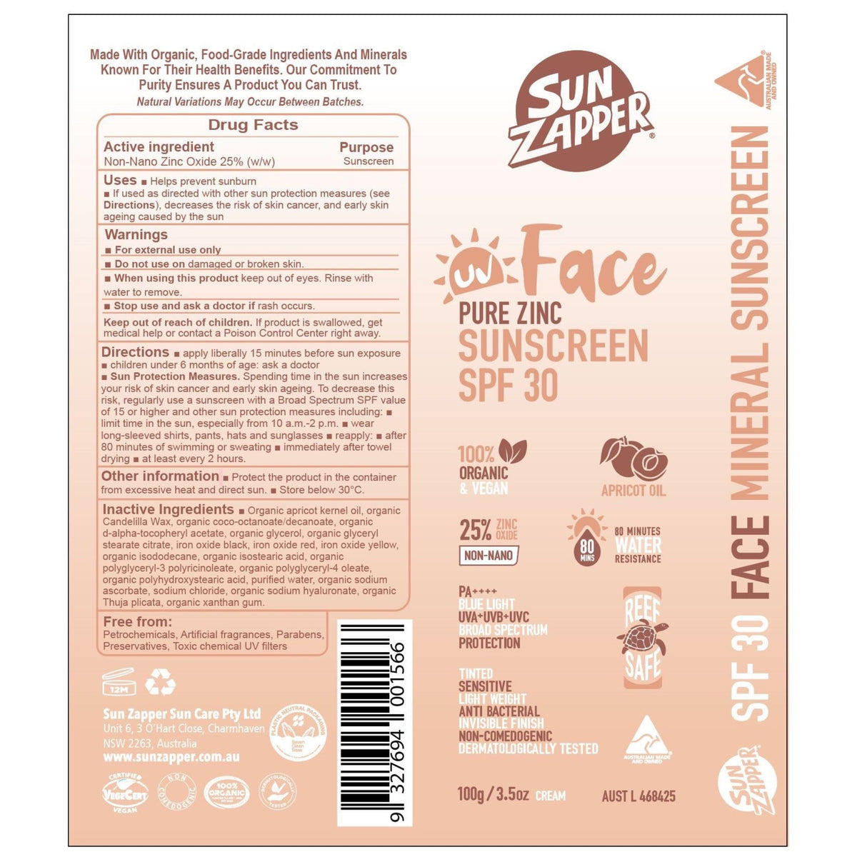 Sun Zapper Face Pure Zinc Sunscreen SPF 30 packaging with text and branding.