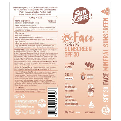 Sun Zapper Face Pure Zinc Sunscreen SPF 30 packaging with text and branding.