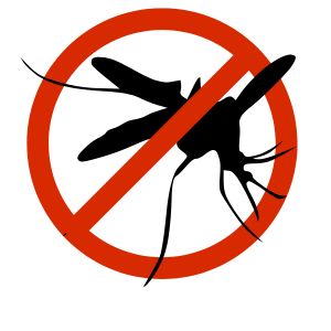 Prohibition sign with a mosquito silhouette inside a red circle on a white background