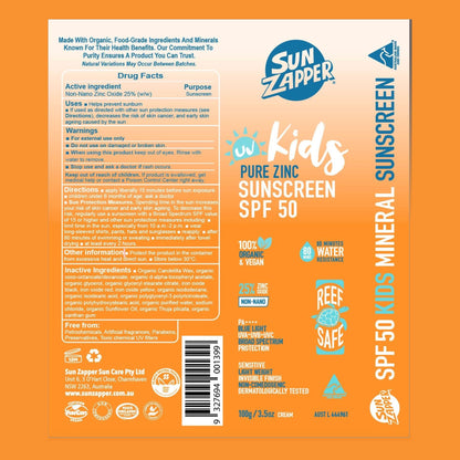 Sun Zapper Kids Pure Zinc Sunscreen SPF 50 packaging with orange background