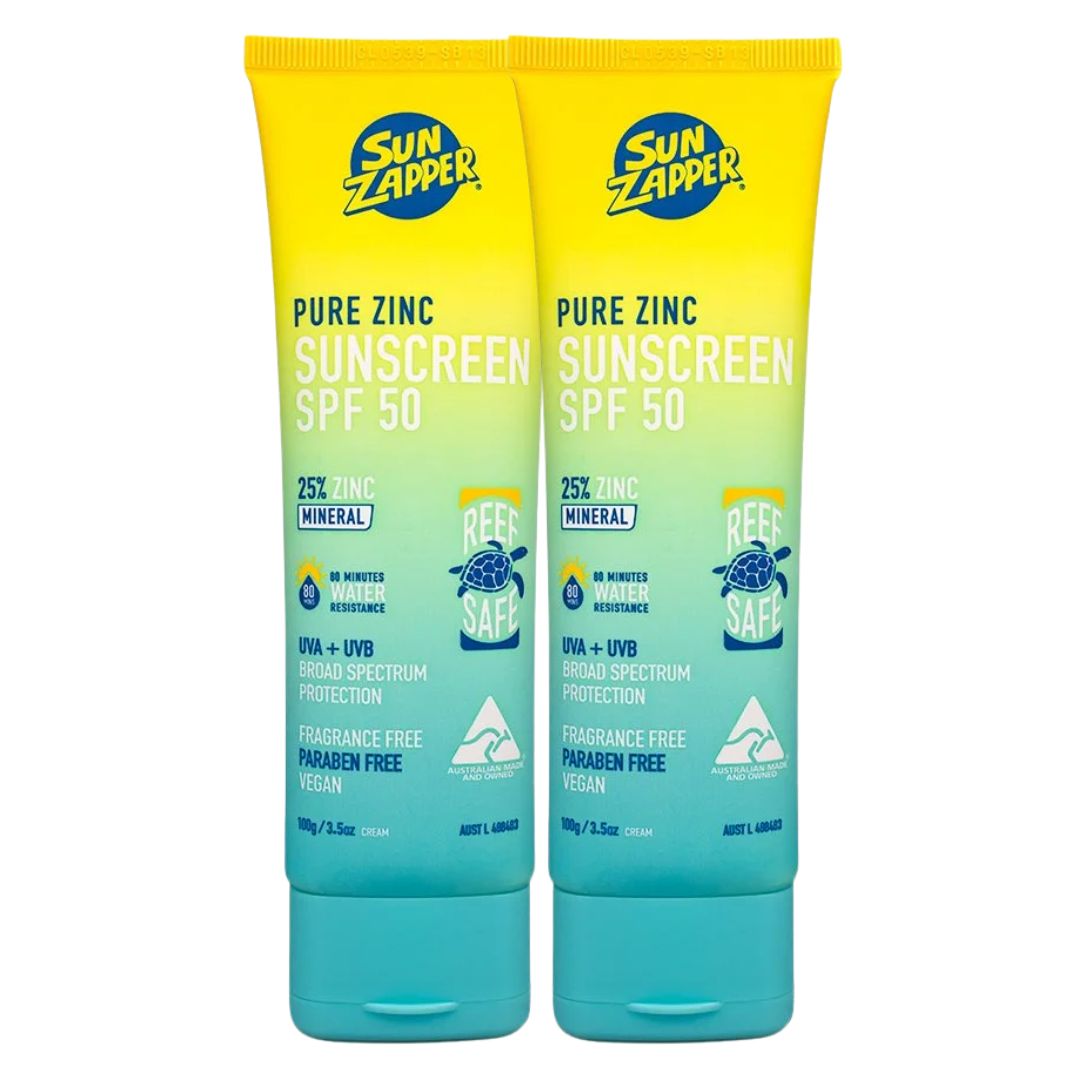 Two tubes of Sun Zapper Pure Zinc Sunscreen SPF 50 on a white background