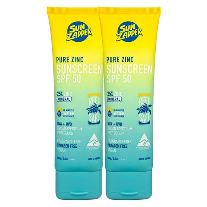 Two tubes of Sun Zapper Pure Zinc Sunscreen SPF 50 on a white background