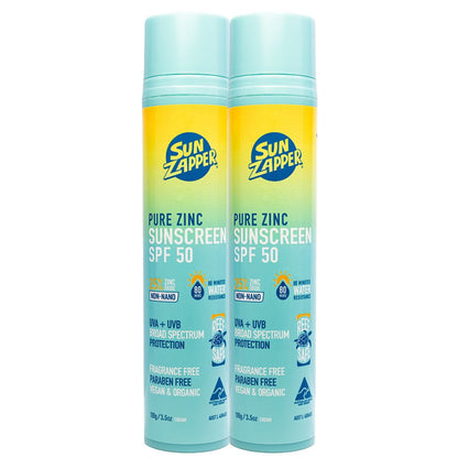 Two bottles of Sun Zapper Pure Zinc Sunscreen SPF 50 on a white background