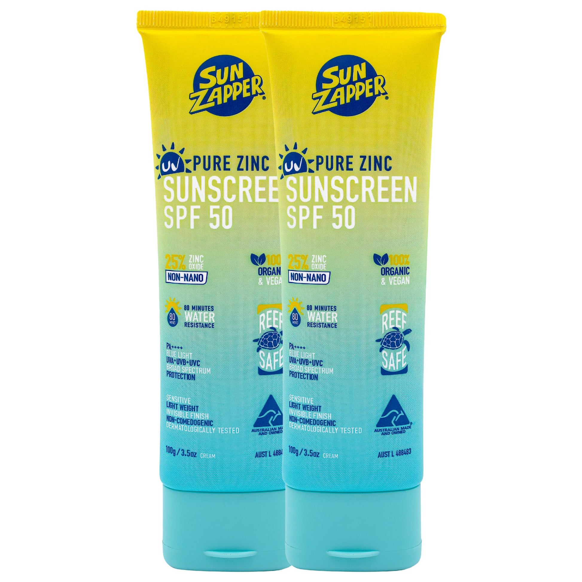 Two tubes of Sun Zapper Pure Zinc Sunscreen SPF 50 on a white background non nano zinc oxide mineral sunscreen