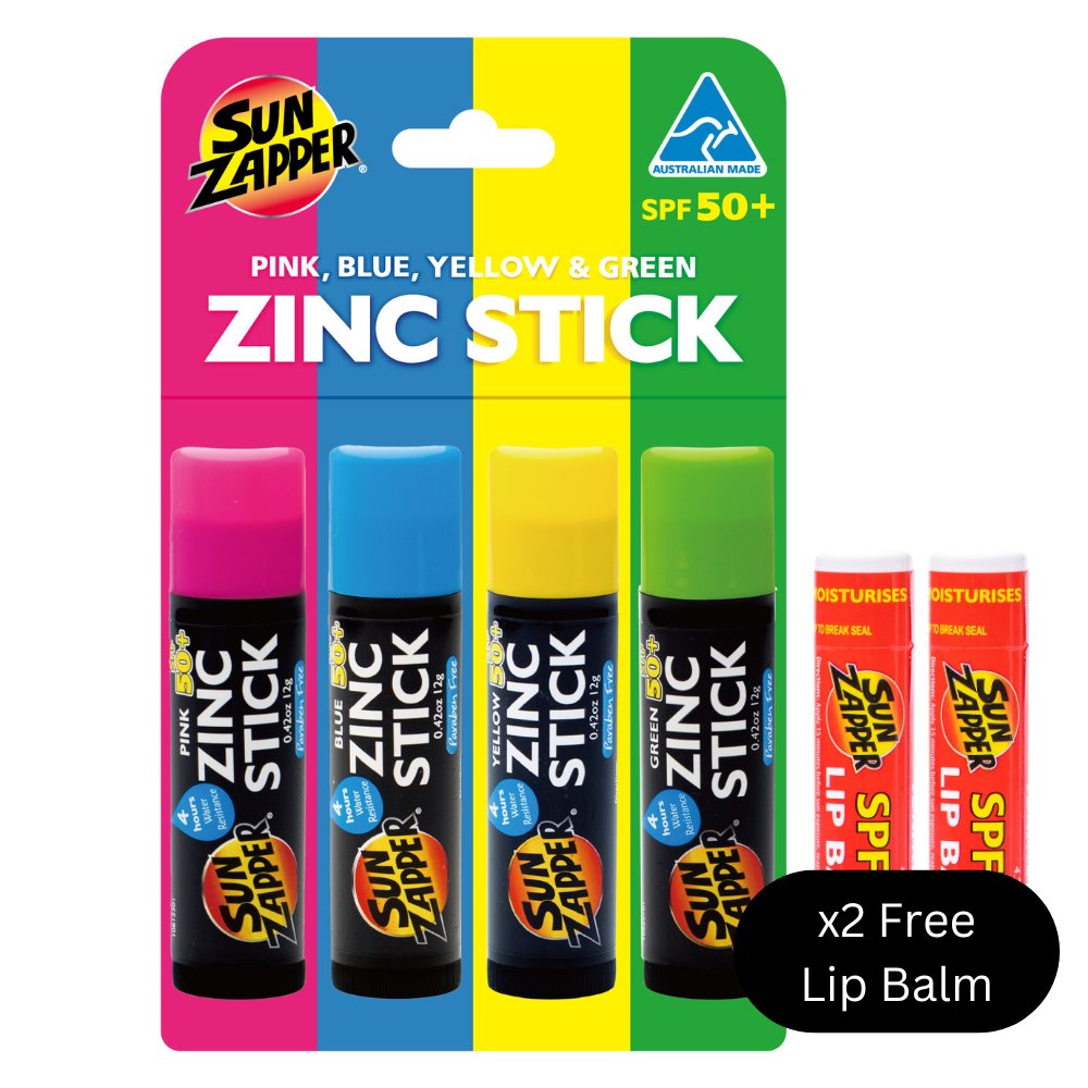 Rainbow x4 Colour Zinc Stick Value Pack: Pink, Blue, Yellow, Green SPF 50+ Zinc Oxide Sunblock - Sun Zapper UK