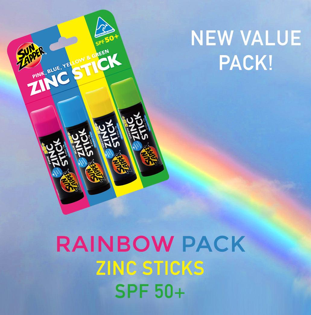 Rainbow x4 Colour Zinc Stick Value Pack: Pink, Blue, Yellow, Green SPF 50+ Zinc Oxide Sunblock - Sun Zapper UK